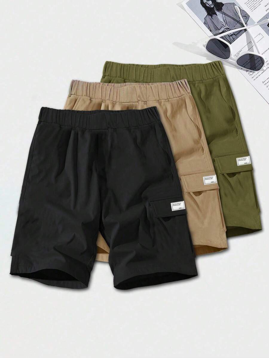 3 件套青少年男孩宽松休闲梭织网色休闲简约基本百搭纯色运动工作服短裤多色多件套，买一送二，买三送一适合春夏季节 - 軍綠色 - 查看 1