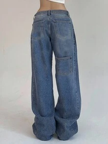 DAZY Damskie luźne jeansy z przodu z zapięciem na guziki i wieloma kieszeniami, szerokie nogawki, codzienne, luźne jeansy - Niebieski - Zobacz 8