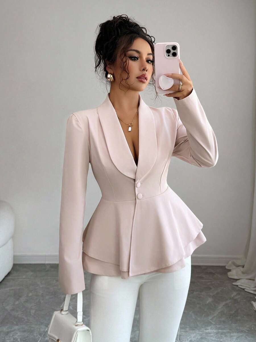 Elenzga Elegant Commuter Barley Collar Cinched Waist A-Line Blazer - Pink - View 1