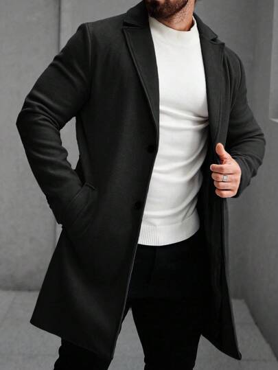 Manfinity Mode Abrigo largo de manga larga con bolsillo y botones delanteros de unicolor para hombres, ropa de otoño y invierno, ceremonia de invierno