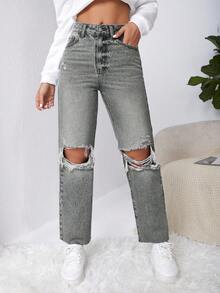 SHEIN EZwear Quần jean ống đứng rách thô Y2k - Xám - Xem 1