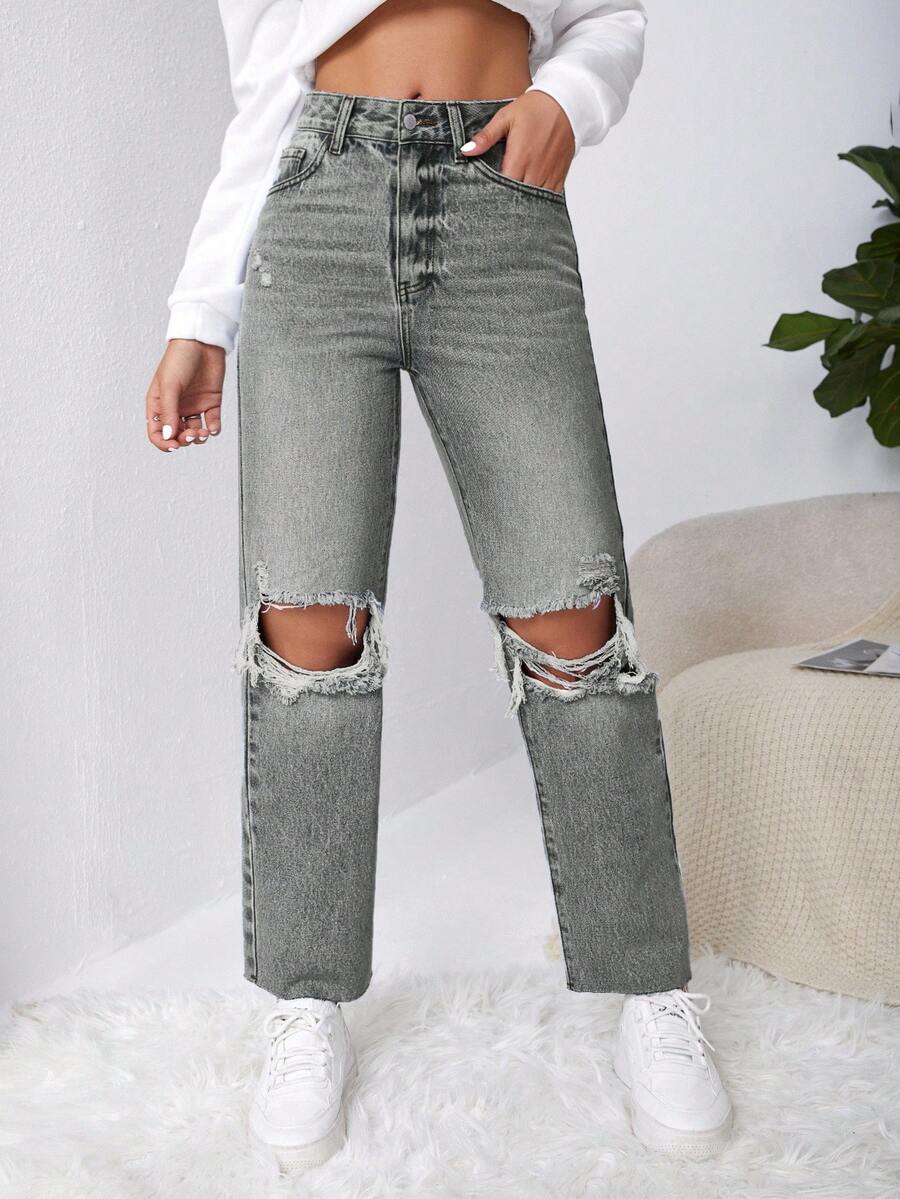SHEIN EZwear Quần jean ống đứng rách thô Y2k - Xám - Xem 1
