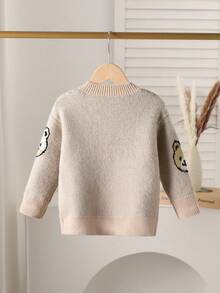SHEIN Young Girls Crew Neck Cardigans, Autumn/Winter Sweater Jackets With Cute Bear Jacquard Decoration, Suitable For Casual Wear, Outings And Travel - Khaki - View 2