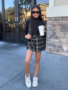 Firerie Kids Firerie Kids 2pcs Tween Girls Black Knit Turtleneck Top And Plaid Elastic Waist Shorts Set, Fashion Versatile Cute Outfit Fall Winter