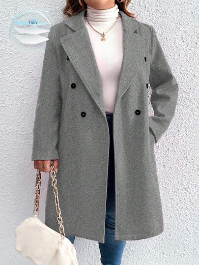 Elenzga Plusstorlek Dam Enfärgad Lapelkrage Långärmad Dubbelknäppt Avslappnad Överrock, Höst/Vinter Höstkläder För Damer