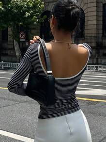 DAZY Women's Round Neck Backless Striped Fitted Casual Long Sleeve T-Shirt, Sexy & Alluring - Navy Blue - View 2