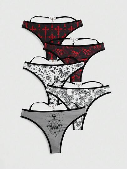 Goth 5pcs Gothic Skull, Snake, Mushroom, Bat, Cross Print Women's Hipster Panties, Halloween