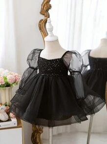 Elegant Black Mesh Long Sleeve Dress, Babygirl Fall Winter - Black - View 5