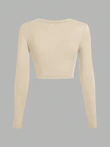 SHEIN EZwear 3件套休闲U领紧身短款长袖T恤，深棕色，卡其色，浅杏色，适合秋冬 - 彩色 - 查看 6