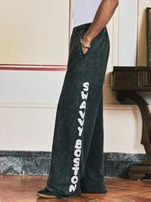 SWAVVY Men's Black Casual Loose Knit Letter Print Long Sweatpants, 2000s Style - Black - View 1