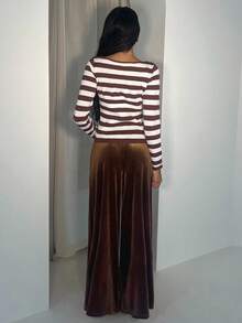 Glamine 女士韩版天鹅绒棕色阔腿裤，休闲优雅田园风长裤 - 棕色 - 查看 5