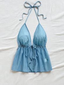 Soleia Áo crop top hở lưng hở lưng cho nữ có họa tiết dệt jacquard, trang phục đi nghỉ, màu hồng cánh sen - Màu xanh lam - Xem 4