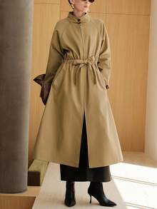 Uhlyne 法国欧式高端时尚休闲宽松中长款立领抽绳插肩袖法式优雅百搭风衣 - 卡其色 - 查看 3