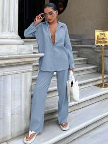 Cottnline Solid Button Front Shirt & Wide Leg Pants - Baby Blue - View 3