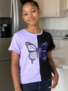 Girls Butterfly Print Colourblock Tee - Multicolor - View 1