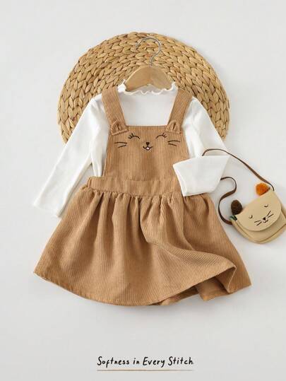 Cozy Pixies 2 件套女婴纯色针织柔软圆领长袖套头衫和围兜连衣裙套装