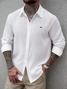 Manfinity CasualCool 男士白色衬衫，夏季，男士白色亚麻刺绣领休闲长袖衬衫，白色纽扣开襟，传统款式亚麻混纺衬衫，男士白色亚麻衬衫休闲衬衫，胸前刺绣皇冠图案，秋季 - 白色 - 查看 6