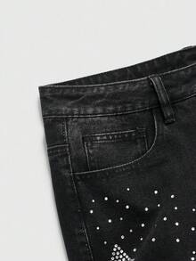 ROMWE MEN Street Life Men's Fashion Cross Rhinestone Embellished Pocket Jeans - Black - View 5
