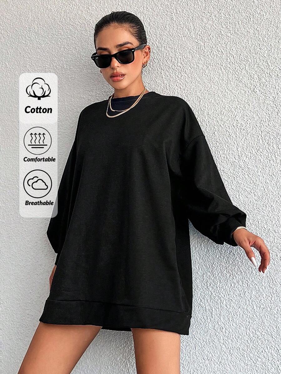 EURMUSE 100%Cotton Solid Drop Shoulder Sweatshirt Dress - Black - View 1