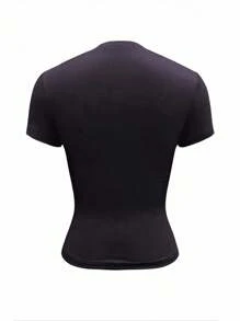 INAWLY Áo thun nữ tay ngắn cài nút màu tím đậm, thường ngày - Màu tím - Xem 2