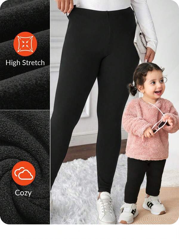 SHEIN Pantalones casuales de punto de unicolor con cintura elástica para niñas bebés, otoño/invierno