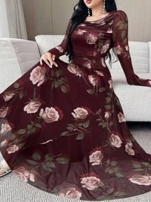 Modelyn Women's Floral Print Ruffle Flare Sleeve Elegant Dress - Burgundy - View 5