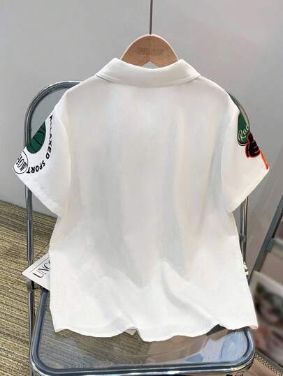 SHEIN Tween Boy 休闲宽松街头字母图案 Polo 领短袖衬衫，适合通勤、上学、日常休闲外出、运动、春夏