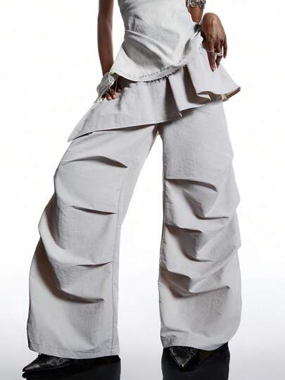 SHEIN EZwear 大码休闲纯色褶皱宽松二合一裤子