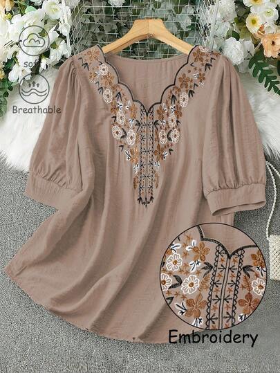 Linhara Blusa holgada casual con cuello en V bordada vintage para mujeres de talla grande, verano