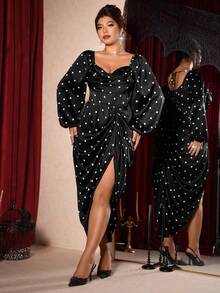 Allurite Plus Size Women's Elegant Black And White Polka Dot Satin Maxi Dress,Formal Autumn Draped Neck Ruffle Asymmetric Hem Split Long Sleeve Gown - Black - View 3