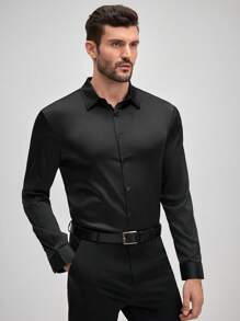 Officeau Men's Satin Fabric Long Sleeve Dress Shirt, Formal Business, Black, Fall, Old Money Men's Dress Shirt