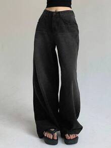 DAZY Front Button Simple Multi-Pocket Casual Denim Jeans,Baggy Jeans