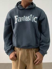 DAZY Herren Thermofutter Kurz-Hoodie mit Buchstaben-Stickerei, Streetwear Stil, Herbst/Winter - Blau - Übersicht 6