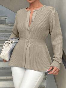 EURMUSE Knitwear Peplum Hem Cardigan With Fancy Buttons,Tall In Women,Cardigans,Long Cardigans Woman,Petite,Tall - Beige - View 6