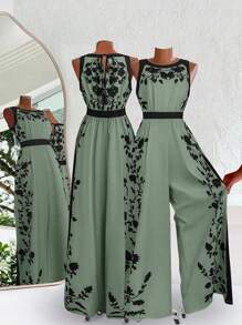 SHEIN Clasi 女士优雅露背连体裤，宽松版型拼色印花度假连体衣 - 薄荷綠 - 查看 3