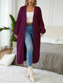 Elenzga 秋季大码女式纯色落肩长袖双口袋长款针织开衫 - 紫色 - 查看 6
