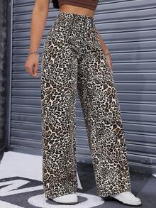 SHEIN ICON 女士高腰豹纹阔腿宽松休闲牛仔裤 - 彩色 - 查看 6
