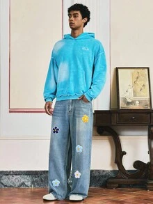 SWAVVY Men's Casual Hooded Sweatshirt With Embroidered & Spray Painted Designs, Long Sleeve, Spring/Autumn, For Fall Winter - Blue - View 5