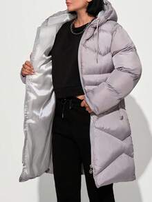 EURMUSE Women Solid Color Zipper And Pocket Detailed Winter Coats - Grey - View 5