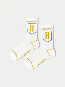 HARRY POTTER X SHEIN 1双女式字母图案拼色中筒袜 - 白色 - 查看 3