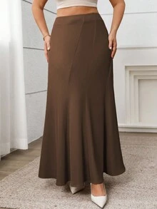 Vionelle Plus Size Women Elegant Casual Commute Vacation Solid Color Asymmetrical Split A-Line Maxi Skirt, Spring/Summer