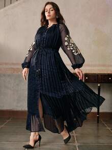 Anewsta 大码女式长款纽扣连衣裙，褶皱刺绣花卉图案，优雅风格，春秋季 - 藏蓝色 - 查看 4