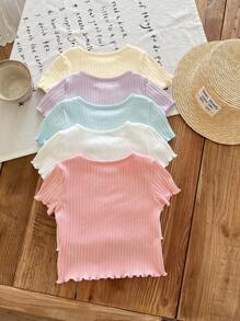LMoss Kids 5pcs/Set Babygirl Summer Cute Ribbed Solid Color Ruffle Hem Short Sleeve Top, Buy 1 Get 4 Free Baby Girl Summer Tops Toddler Summer Tops Toddler Ruffle Sleeve Tops Baby Tops Ribbed Baby Tops - Multicolor - View 2