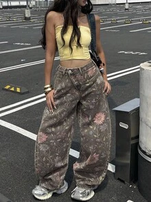 DAZY 女士印花哈伦裤，休闲街头风宽松牛仔裤 Y2k - 彩色 - 查看 5
