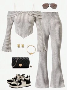 2pcs/Set Girls Vintage Elegant Off-Shoulder Double Ruffle V-Hem Bell Sleeve Ribbed Knit Top And High Waist Fitted Bell Bottom Pants Set, Everyday Wear Fall Winter - Apricot - View 3