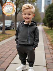 SHEIN 2pcs/Set Baby BoyGirls Fall & Winter Outfits, Hooded Windbreaker Jacket Sweatshirt And Jogger Pants Tracksuit, Comfortable Casual All-Match Everyday Wear, Suitable For Indoor, Outdoor, Sports, Party, Photography, Holiday - Dark Grey - View 6