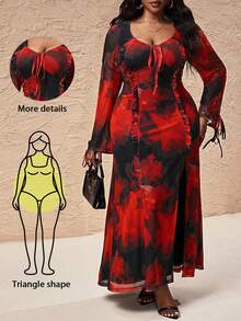 Truni Plus Size Women's Slim Fit High Stretch Long Sleeve Dress, Floral Pattern Printed Mesh Maxi Dress/Autumn /Winter
