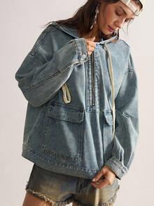 Bohemela 女士秋季落肩长袖拉链半开襟实用口袋休闲连帽外套牛仔外套女式牛仔外套女式宽松牛仔外套蓝色牛仔外套女式牛仔连帽衫秋季女式秋季女式冬季女式乡村风女式拉链连帽衫连帽衫拉链乡村音乐会西部连帽衫西部服装女式邮轮女式乡村音乐会波西米亚风女式