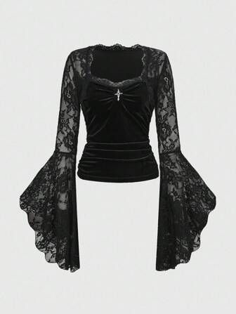 Goth Elegant Sexy Spider Decor V-Neck Flare Sleeve Lace & Velvet Patchwork Tight Top, Halloween