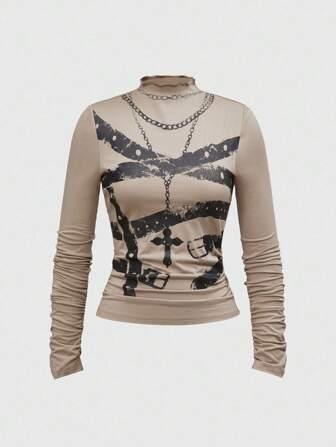 Grunge Punk Damen Wasteland PUNK Stil Rollkragen Langarm Plissee Muster Bluse